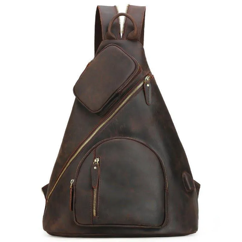 Casual Leather Sling Backpack with USB Port