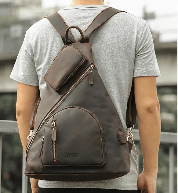 Casual Leather Sling Backpack with USB Port