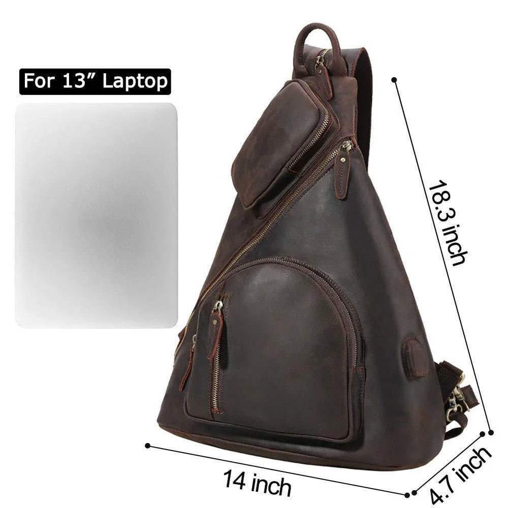 Casual Leather Sling Backpack with USB Port