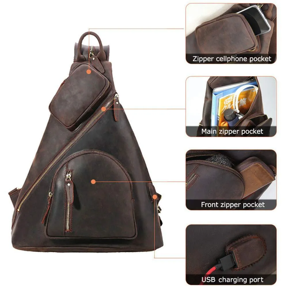 Casual Leather Sling Backpack with USB Port