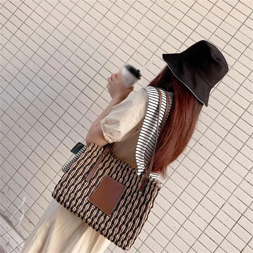 Casual Striped Basket Shopping Bags Rattan Woven Women Shoulder Bags Wicker Handbags Beach