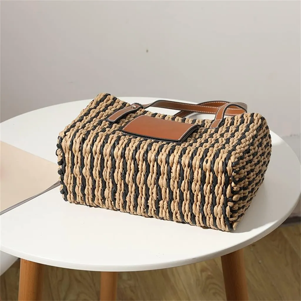 Casual Striped Basket Shopping Bags Rattan Woven Women Shoulder Bags Wicker Handbags Beach