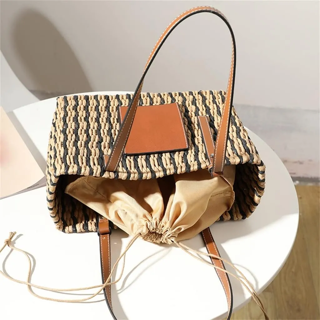 Casual Striped Basket Shopping Bags Rattan Woven Women Shoulder Bags Wicker Handbags Beach