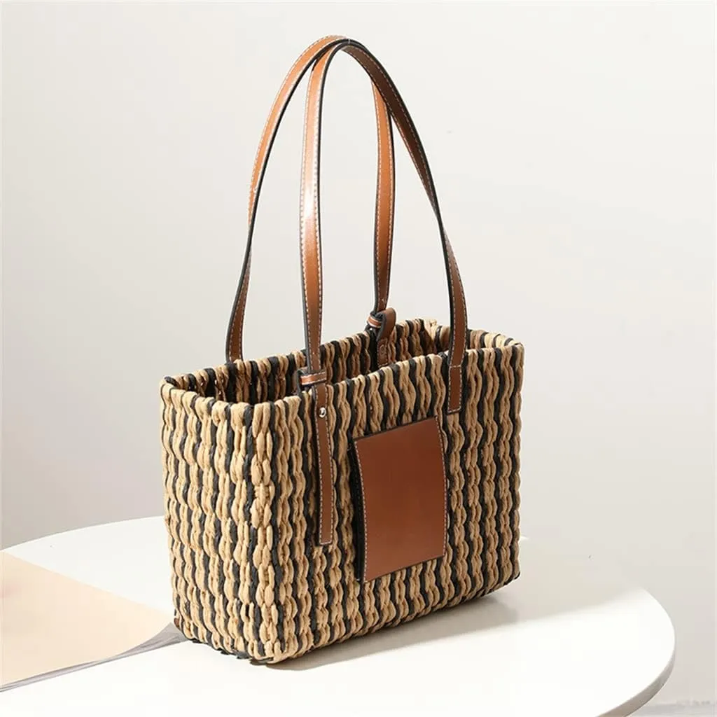 Casual Striped Basket Shopping Bags Rattan Woven Women Shoulder Bags Wicker Handbags Beach