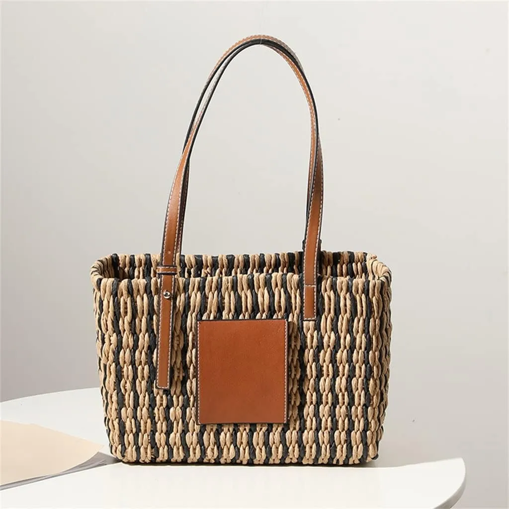 Casual Striped Basket Shopping Bags Rattan Woven Women Shoulder Bags Wicker Handbags Beach