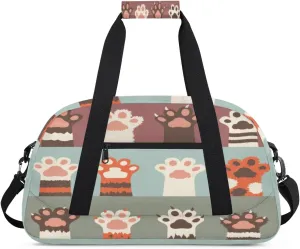 Cat Dog Paw Print Gym Duffel Bag for Men Women Cartoon Paws Sports Tote Bag with Adjustable Shoulder Strap for Dance Gymnastics Traveling Outdoor Camping Overnight Stay