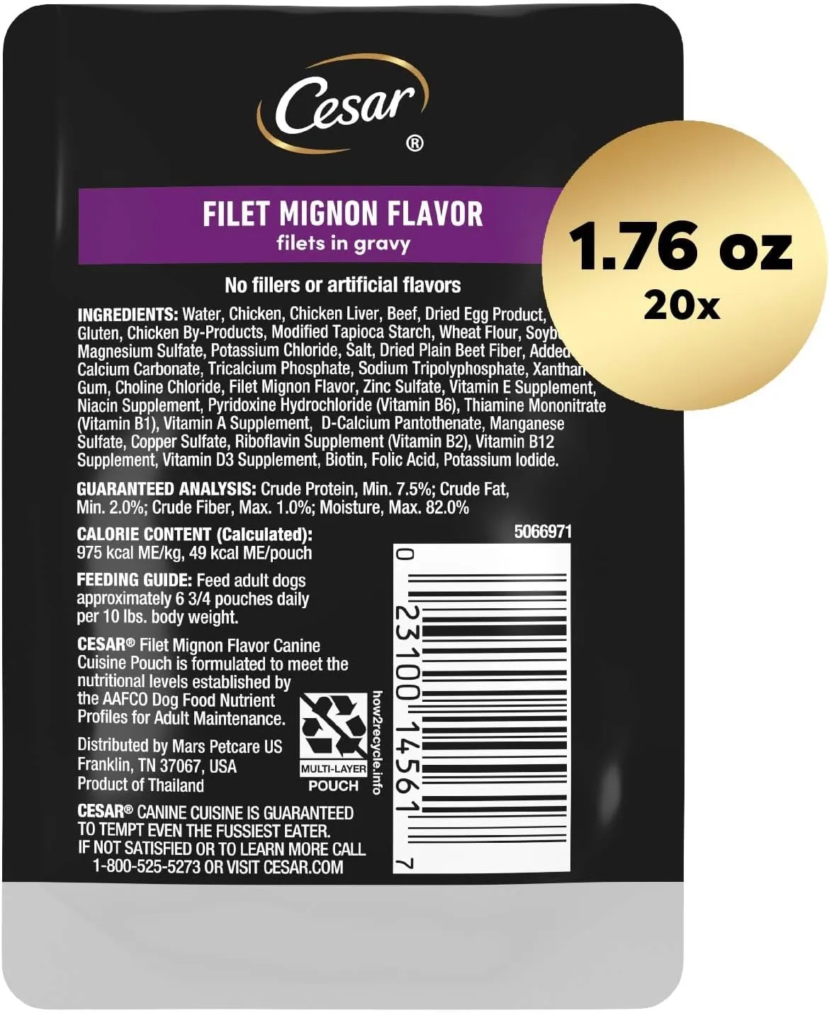 Cesar Filets in Gravy Wet Dog Food Filet Mignon Flavor, 1.76 oz. Mini-Pouch (10 Count, Pack of 2)