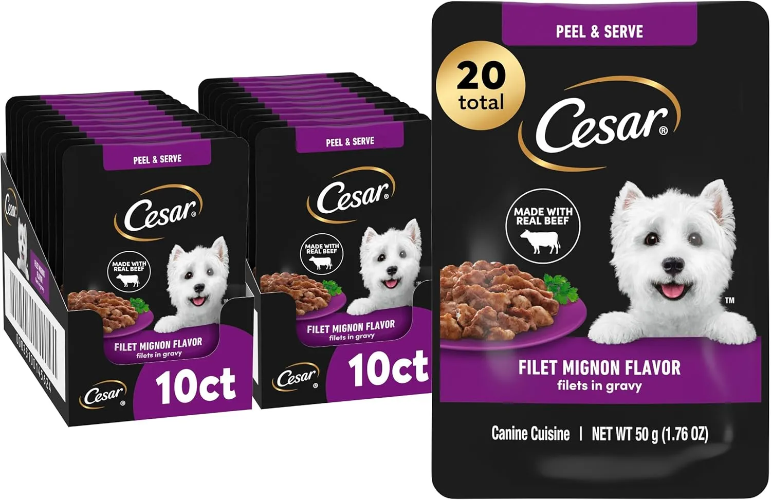 Cesar Filets in Gravy Wet Dog Food Filet Mignon Flavor, 1.76 oz. Mini-Pouch (10 Count, Pack of 2)