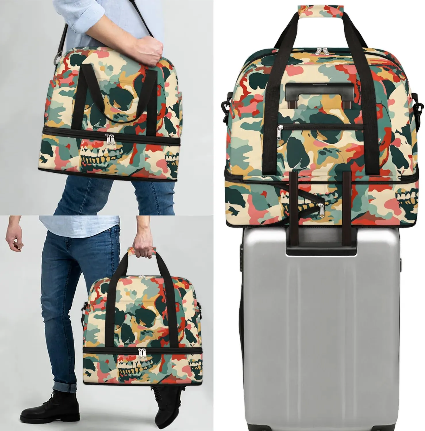 cfpolar Woman Travel Duffel Bag Camo Skull Foldable Tote Carry On Luggage Sports Gym Bag With Shoe Compartment Overnight Weekend Yoga Workout Bag Training Handbag