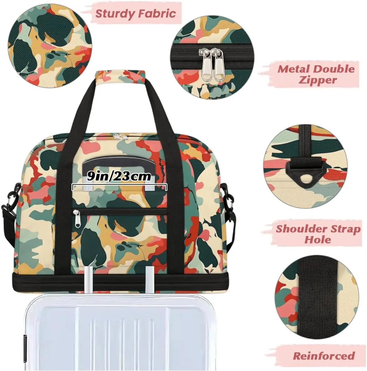 cfpolar Woman Travel Duffel Bag Camo Skull Foldable Tote Carry On Luggage Sports Gym Bag With Shoe Compartment Overnight Weekend Yoga Workout Bag Training Handbag