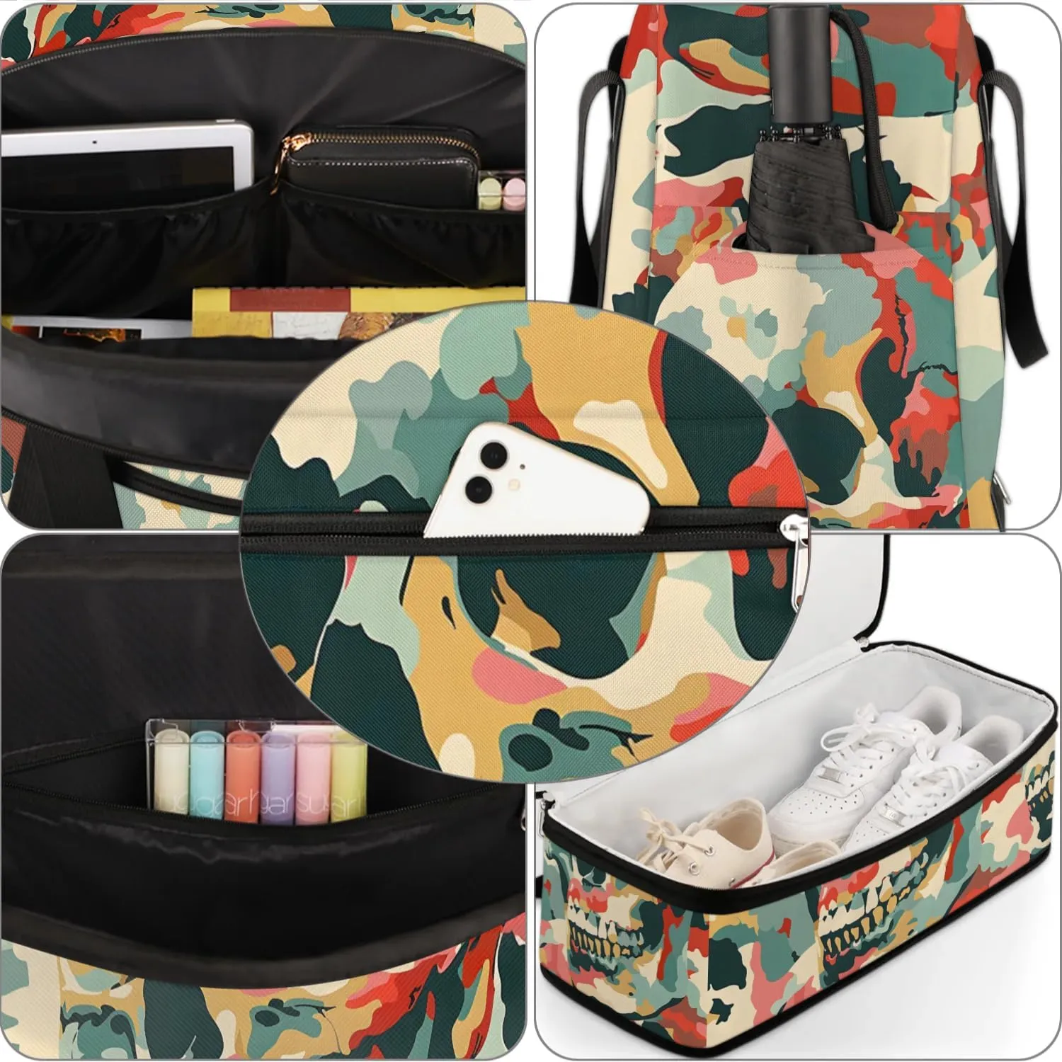 cfpolar Woman Travel Duffel Bag Camo Skull Foldable Tote Carry On Luggage Sports Gym Bag With Shoe Compartment Overnight Weekend Yoga Workout Bag Training Handbag