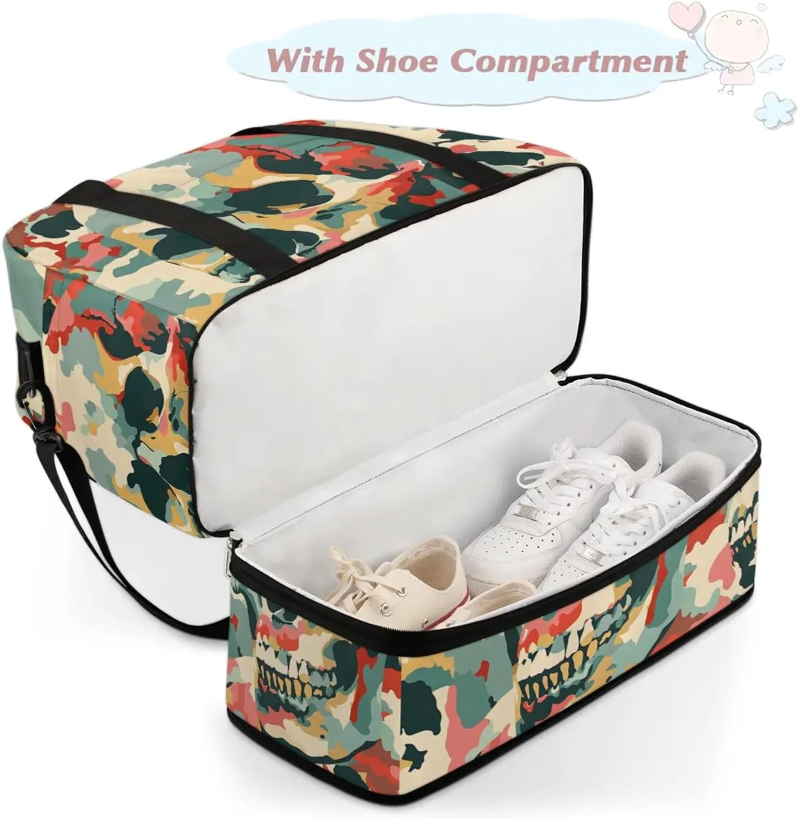 cfpolar Woman Travel Duffel Bag Camo Skull Foldable Tote Carry On Luggage Sports Gym Bag With Shoe Compartment Overnight Weekend Yoga Workout Bag Training Handbag