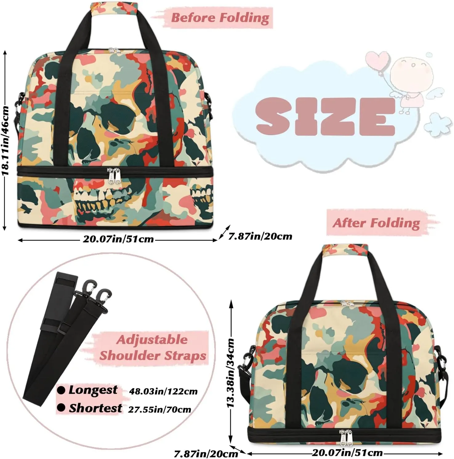 cfpolar Woman Travel Duffel Bag Camo Skull Foldable Tote Carry On Luggage Sports Gym Bag With Shoe Compartment Overnight Weekend Yoga Workout Bag Training Handbag