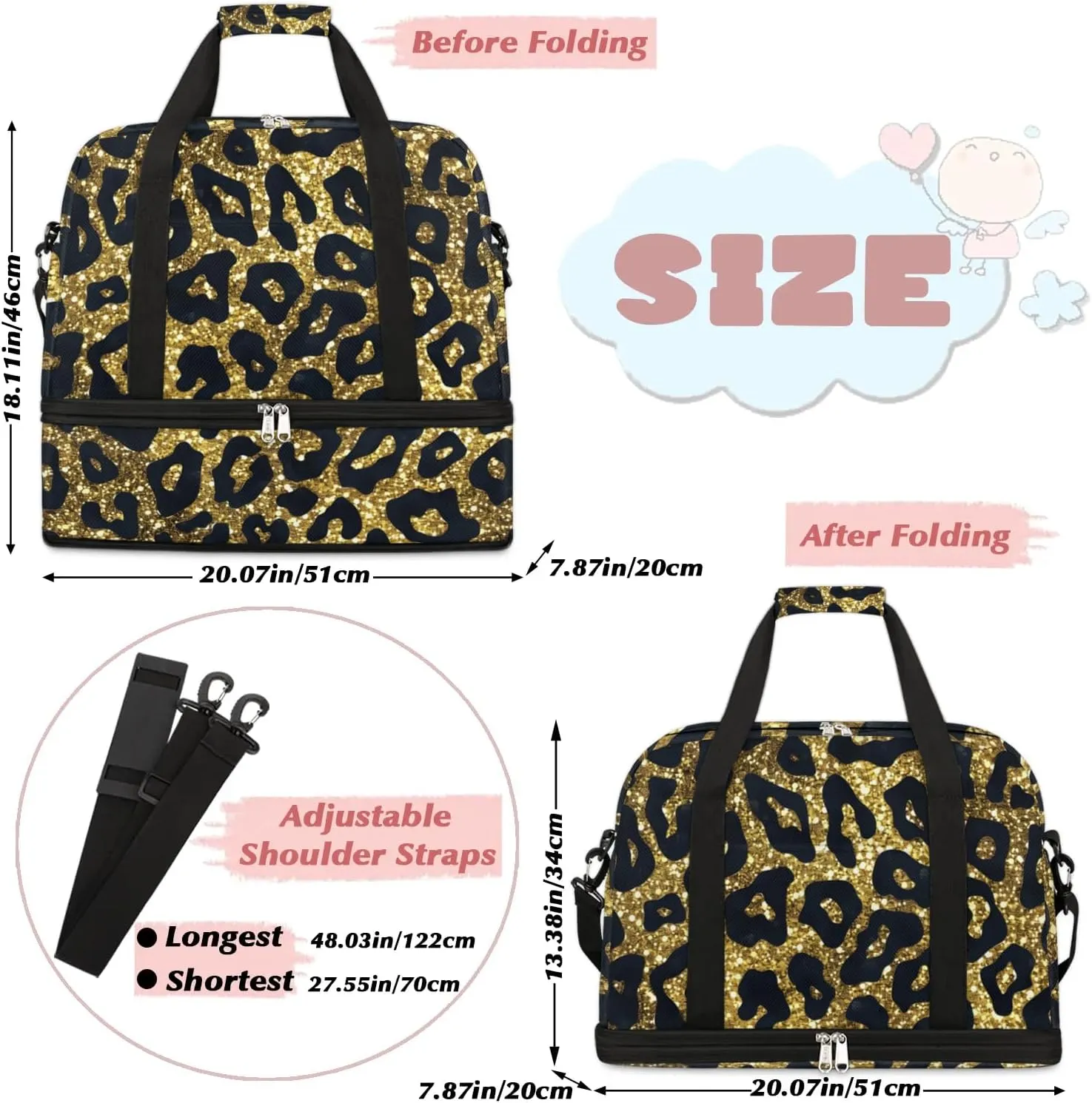cfpolar Woman Travel Duffel Bag Gold Sequin Leopard Print Foldable Tote Carry On Luggage Sports Gym Bag With Shoe Compartment Overnight Weekend Yoga Workout Bag Training Handbag