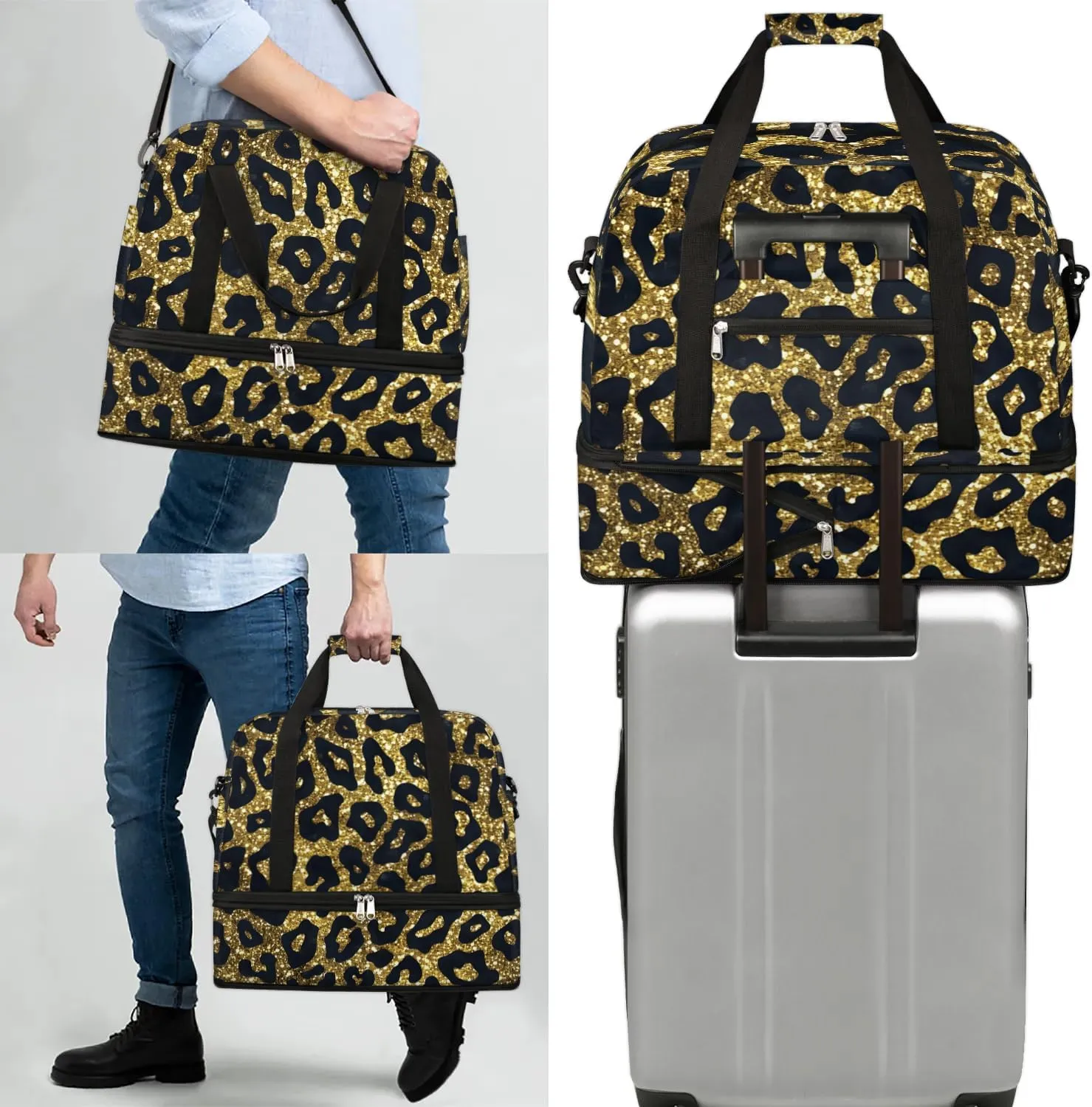 cfpolar Woman Travel Duffel Bag Gold Sequin Leopard Print Foldable Tote Carry On Luggage Sports Gym Bag With Shoe Compartment Overnight Weekend Yoga Workout Bag Training Handbag