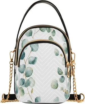 Chain Crossbody Bags for Women Botanical Eucalyptus Leaves Yellow Blue Green Quilted Shoulder Handbags Travel Cross Body Cell Phone Purses Bags