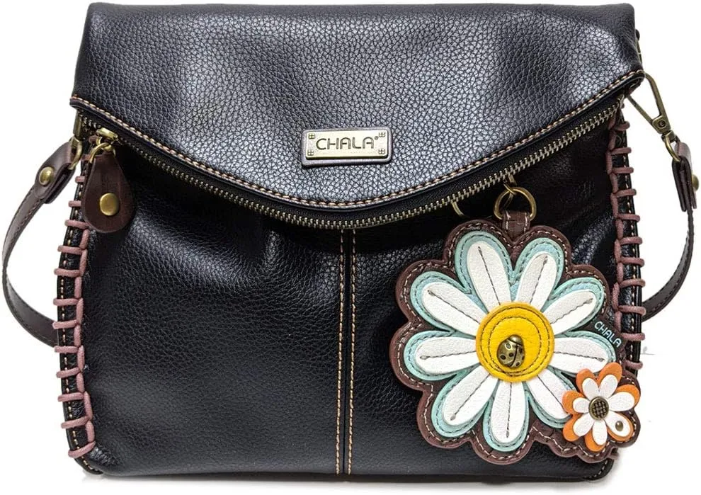 CHALA Charming Crossbody Bag With Flap Top and Zipper, Shoulder Handbag with Leather Keyfob - BLACK