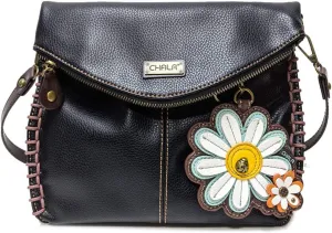 CHALA Charming Crossbody Bag With Flap Top and Zipper, Shoulder Handbag with Leather Keyfob - BLACK