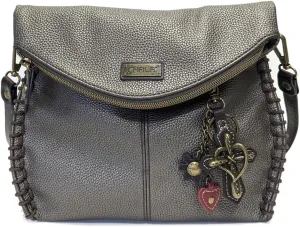 Chala Charming Crossbody Bag With Flap Top and Zipper,Black Cross-Body Purse with Key Charm -Pewter (Metal Cross)
