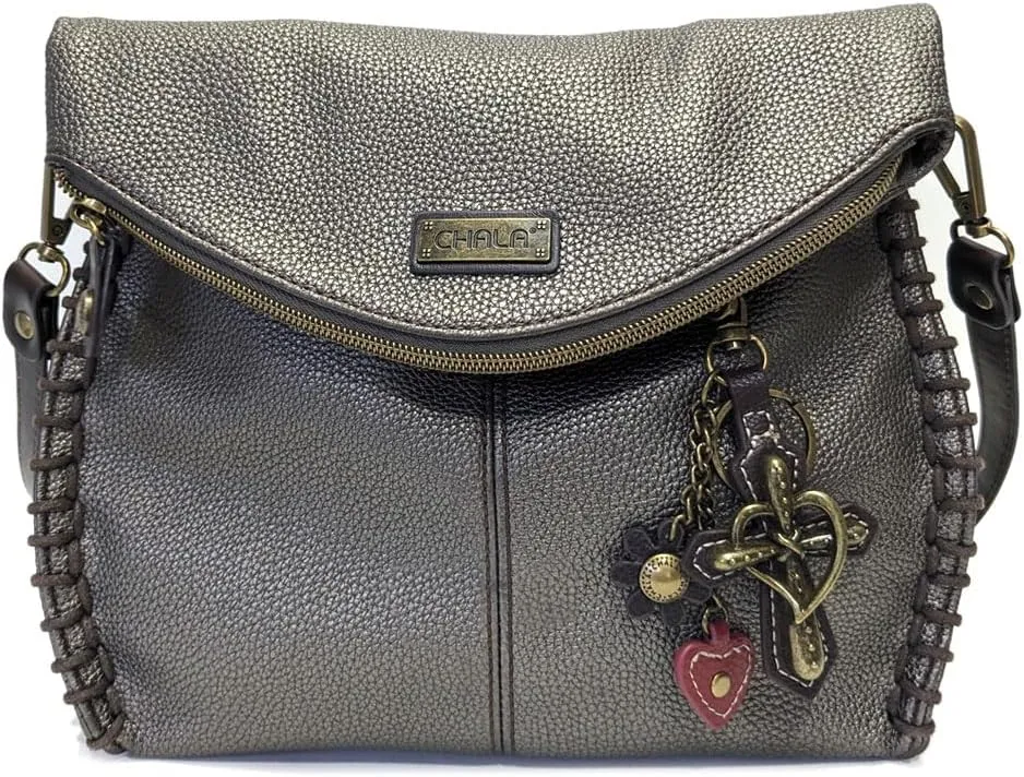Chala Charming Crossbody Bag With Flap Top and Zipper,Black Cross-Body Purse with Key Charm -Pewter (Metal Cross)