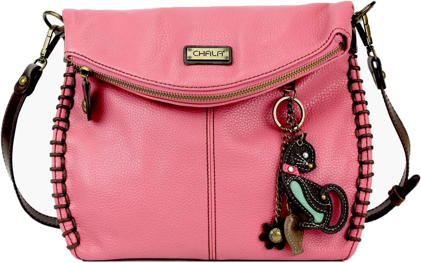 CHALA Charming Crossbody Bag With Flap Top | Flap and Zipper Cross-Body Purse or Shoulder Handbag with Metal Chain - Pink