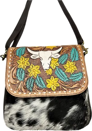CHALLENGER Women's Cowhide Western Floral Bull Head Tooled Leather Shoulder Purse Crossbody Bag 18RSH02