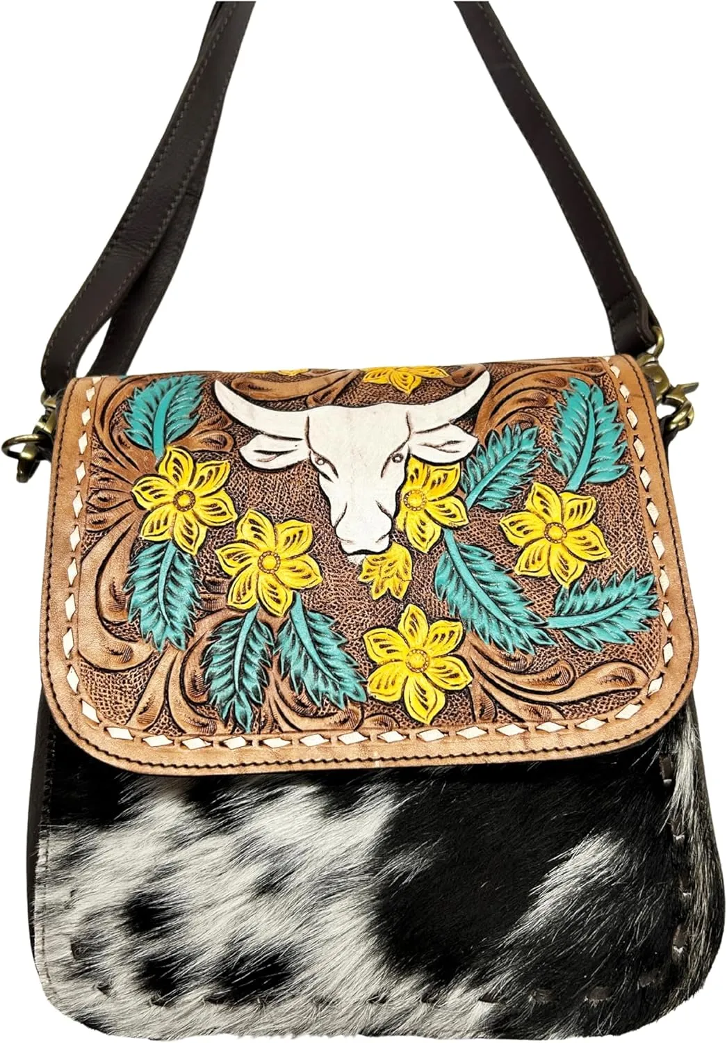 CHALLENGER Women's Cowhide Western Floral Bull Head Tooled Leather Shoulder Purse Crossbody Bag 18RSH02