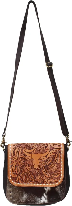 CHALLENGER Women's Cowhide Western Floral Bull Head Tooled Leather Shoulder Purse Crossbody Bag 18RSH05 18RSH05