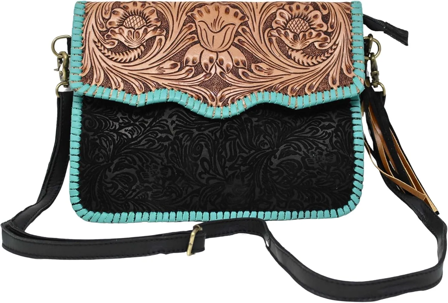 CHALLENGER Women's Western Floral Black Embossed Turquoise Laced Leather Crossbody Shoulder Bag 18RSH25