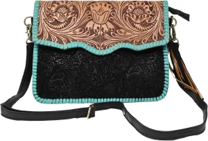 CHALLENGER Women's Western Floral Black Embossed Turquoise Laced Leather Crossbody Shoulder Bag 18RSH25