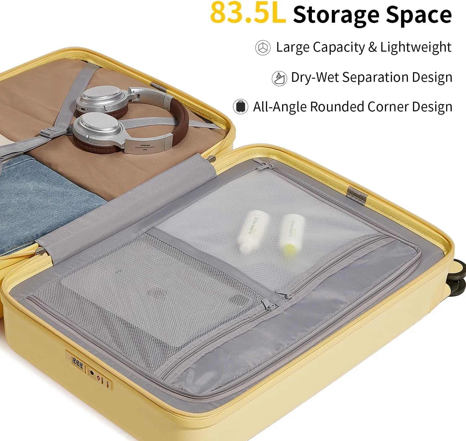 Checked 26 inch Luggage with 8 Spinner Wheels, Large Suitcase with TSA Lock, 100% Lightweight PC Hard Shell travel luggage Suitcases for Men Women, 26-Inch Checked-In, Cheese Yellow
