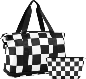 Checkerboard Versatile Sports Travel Bag - Lasting Twill Tote, Removable Wheel & Rod Bagging, Multi-pocket Design, Complimentary Makeup Bag