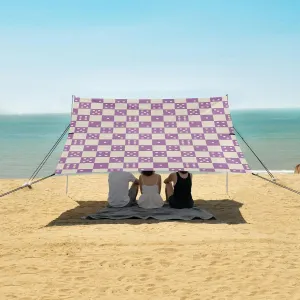 Checkered Dice in Purple Color Beach Canopy Tent Anti-UV & Wind Resistant, Camping Sun Shelter Easy Setup Portable,Outdoor Shade Tents with Sandbags,Sand Shovels,Ground Pegs & Stability Poles