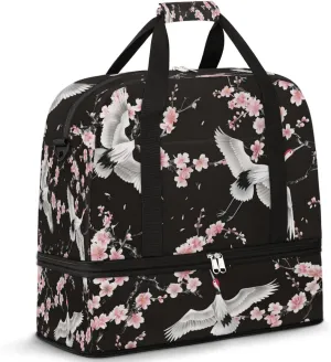 Cherry Blossom Crane Travel Duffel Bag for Women Men, Japanese Flower Bird Sports Gym Bag with Shoes Compartment Foldable Overnight Bag Weekender Tote Workout Carry On Luggage Bag