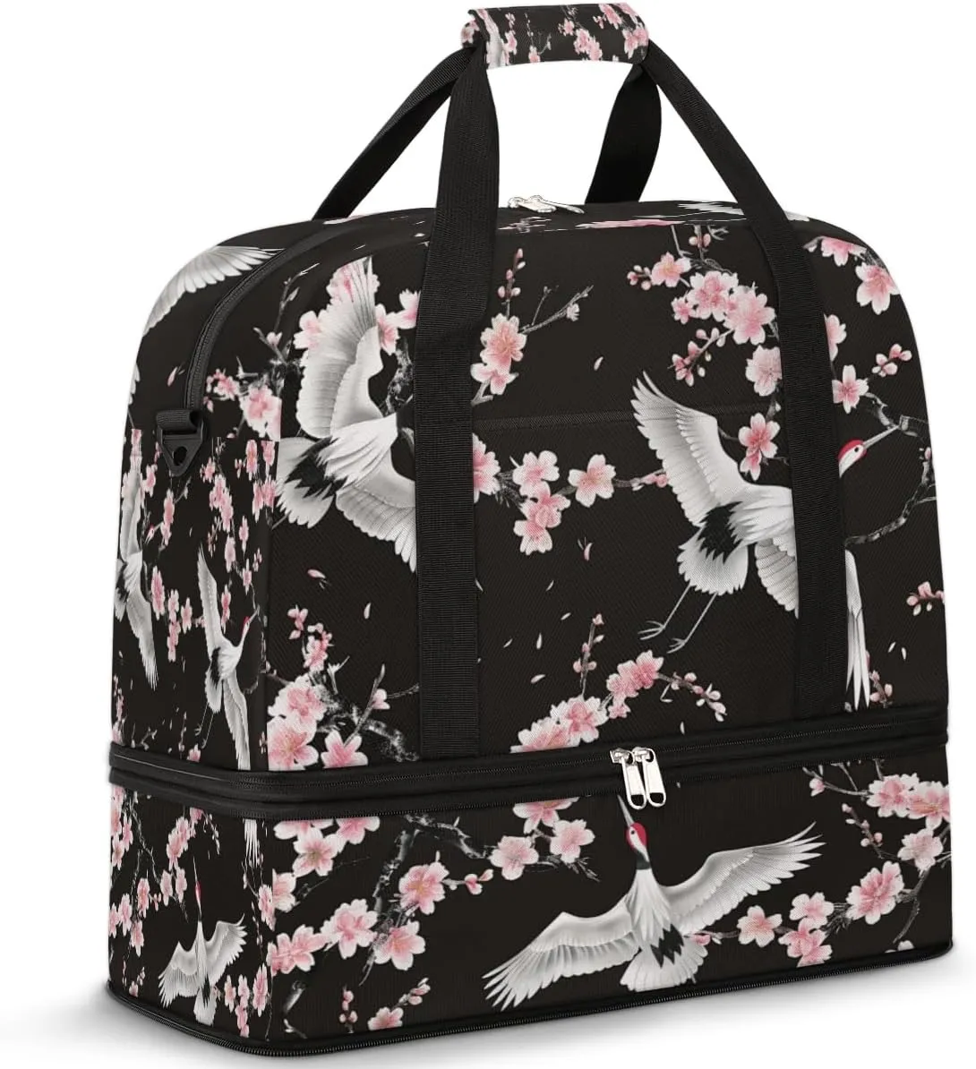 Cherry Blossom Crane Travel Duffel Bag for Women Men, Japanese Flower Bird Sports Gym Bag with Shoes Compartment Foldable Overnight Bag Weekender Tote Workout Carry On Luggage Bag