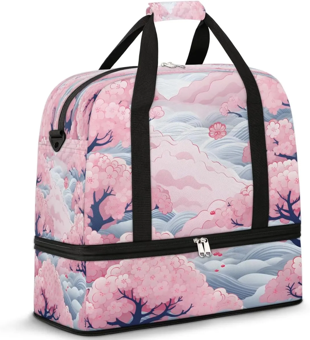 Cherry Blossoms View Travel Duffel Bag, Travel Essentials, Gym Bag for Women, Weekender Overnight Bag With Shoes Compartment, Carry On Bags for Airplanes