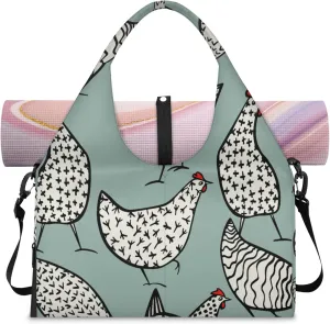Chicken Yoga Tote Bag - Women's Waterproof Gym Bag with Adjustable Shoulder Strap, Shoe Compartment, Multiple Pockets for Yoga Mat, Shoes (17.9 x 9.25 x 10.47 inches)