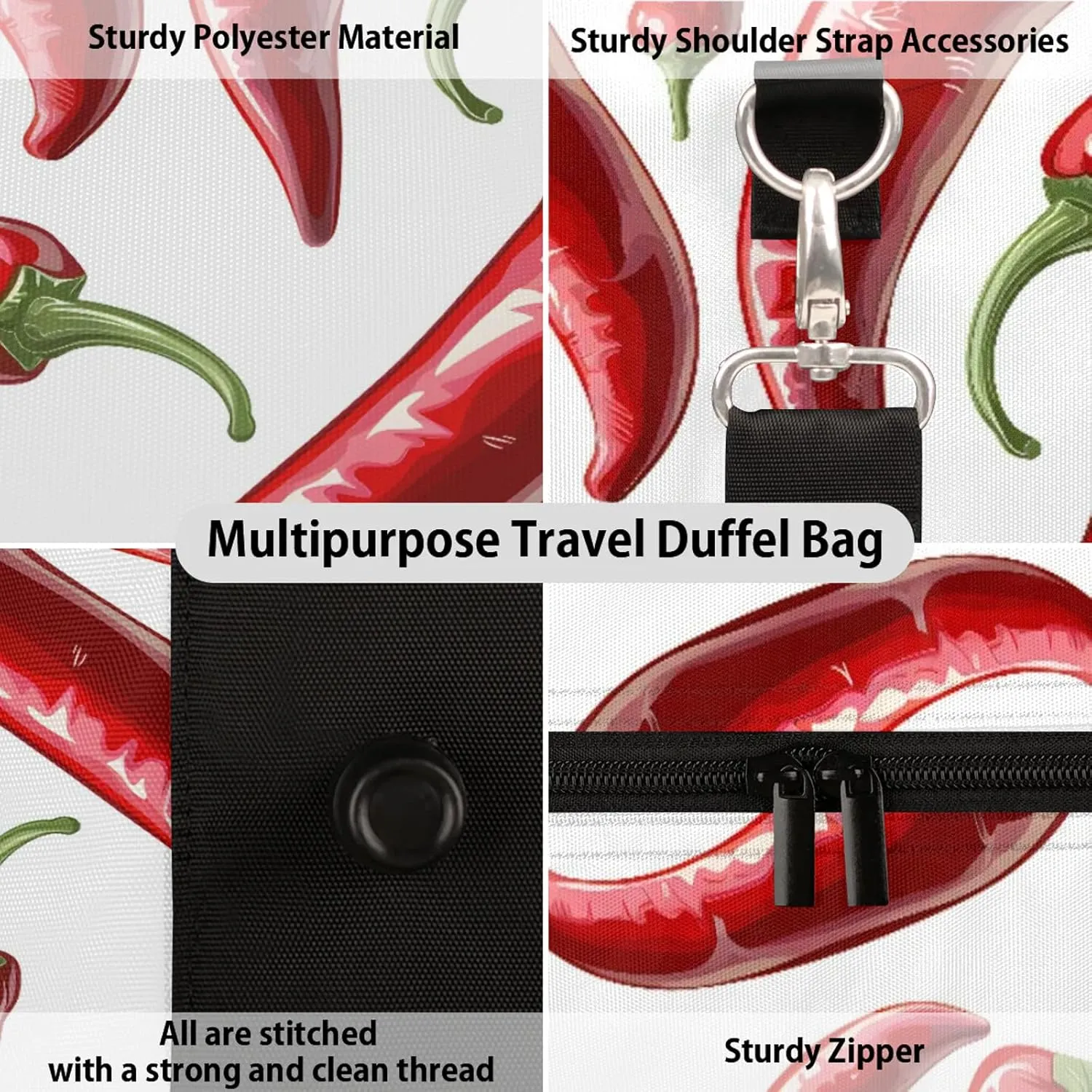 Chili Peppers Duffle Bag for Travel, Overnight Weekend Gym Carry On Luggage Bag, Food Travel Duffel Bag for Men Women