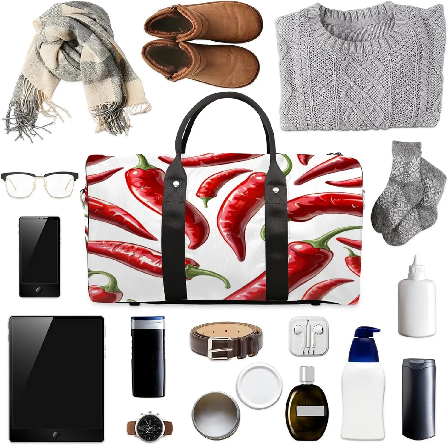 Chili Peppers Duffle Bag for Travel, Overnight Weekend Gym Carry On Luggage Bag, Food Travel Duffel Bag for Men Women