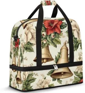 Christmas Theme Bell Flower Travel Duffel Bag with Foldable Shoe Compartment Shoulder Tote Travel Weekend Bag Sports Gym Overnight Bags