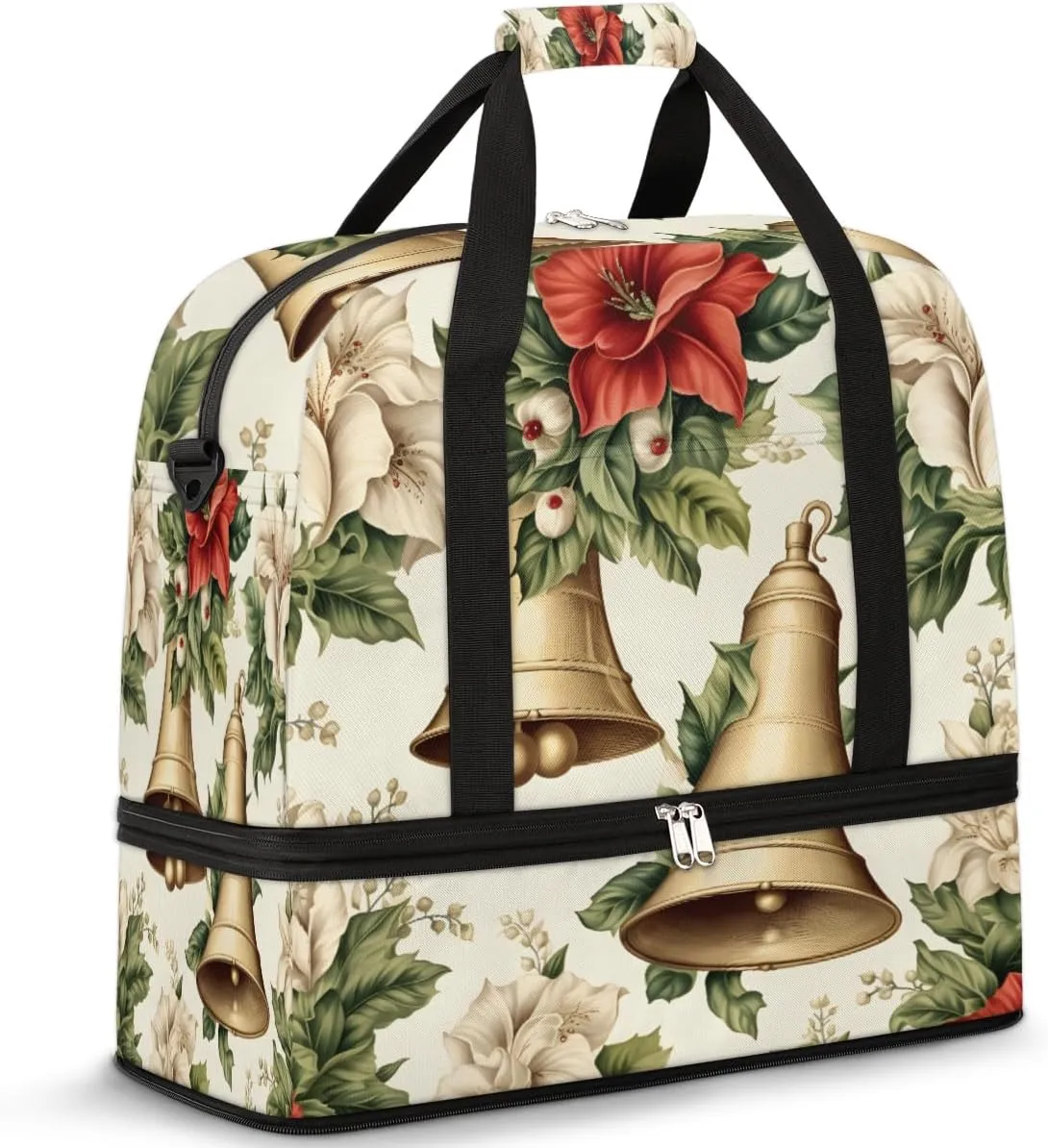 Christmas Theme Bell Flower Travel Duffel Bag with Foldable Shoe Compartment Shoulder Tote Travel Weekend Bag Sports Gym Overnight Bags