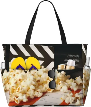 Cinema Clapboard And Popcorn Beach Bags For Women Large Waterproof Sandproof Beach Tote Bag Pool Bag Lightweight Zipper Carry On Bags For Gym Travel Vocation
