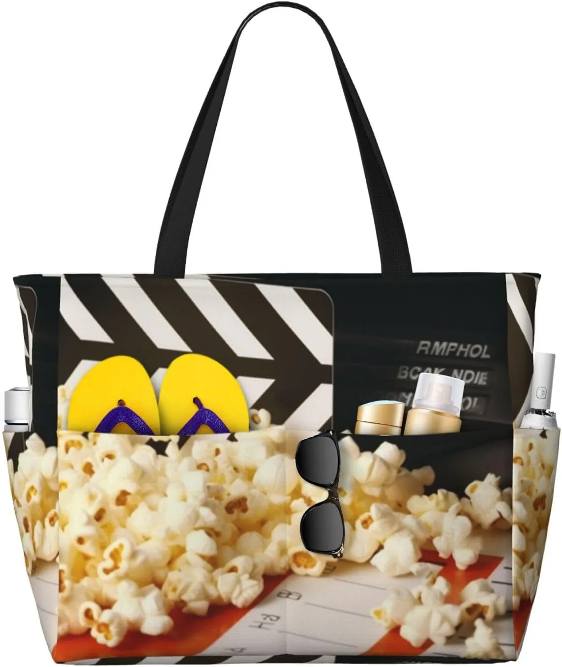 Cinema Clapboard And Popcorn Beach Bags For Women Large Waterproof Sandproof Beach Tote Bag Pool Bag Lightweight Zipper Carry On Bags For Gym Travel Vocation