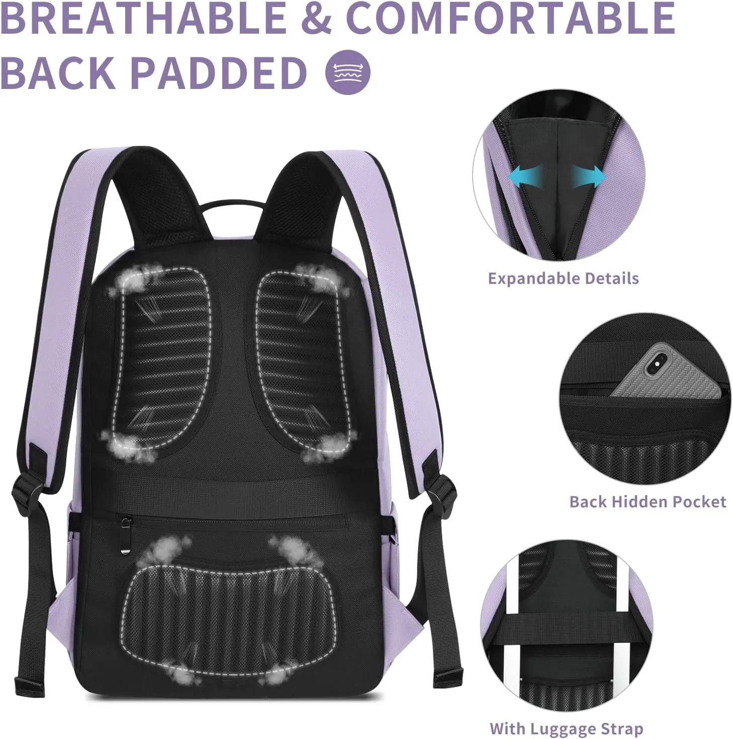 Classic Carry On Travel Backpack - Light Purple, Water Resistant, Laptop 15.6 inch, Simple Bookbag for Men, Women & Teens