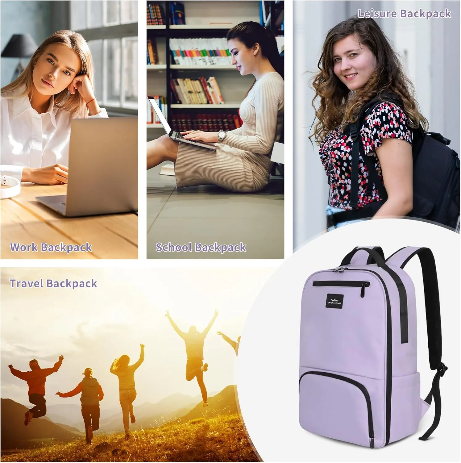 Classic Carry On Travel Backpack - Light Purple, Water Resistant, Laptop 15.6 inch, Simple Bookbag for Men, Women & Teens