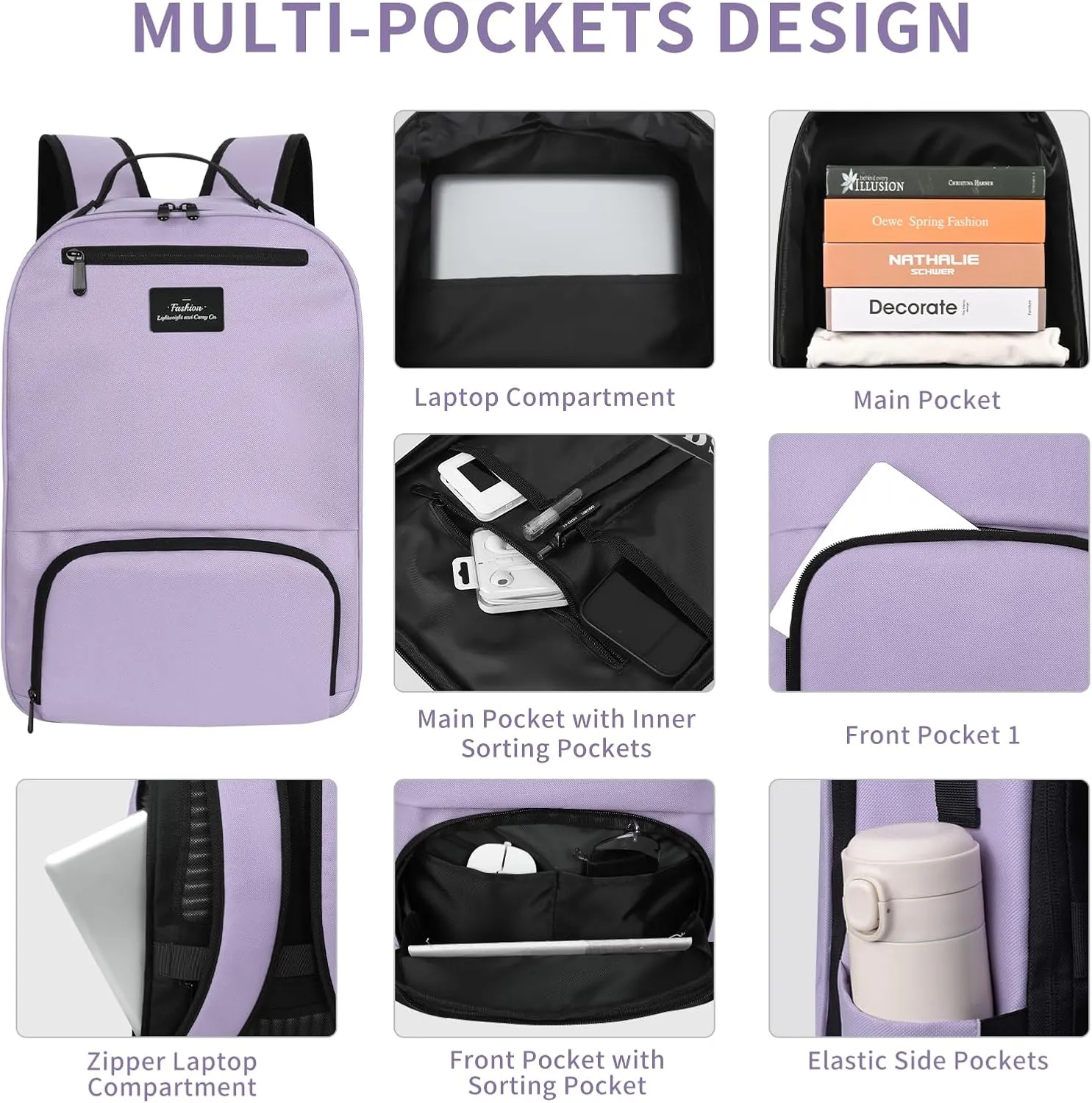 Classic Carry On Travel Backpack - Light Purple, Water Resistant, Laptop 15.6 inch, Simple Bookbag for Men, Women & Teens