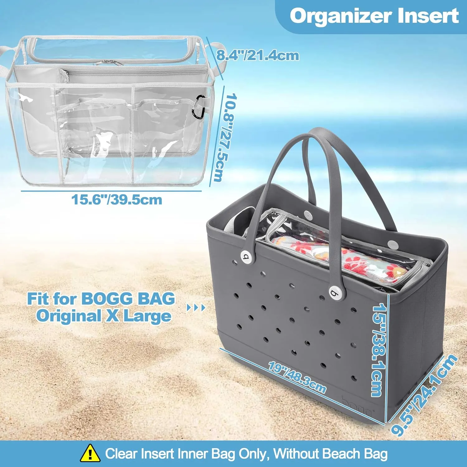 Clear Beach Bag Organizer Insert Compatible with BOGG BAG Original X Large, Zipper Organizer Liner Compatible with BOGG BAG Original X Large, Insert Divider Pouch with 2 Compartments, Gray