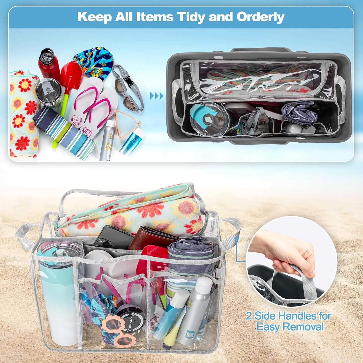 Clear Beach Bag Organizer Insert Compatible with BOGG BAG Original X Large, Zipper Organizer Liner Compatible with BOGG BAG Original X Large, Insert Divider Pouch with 2 Compartments, Gray