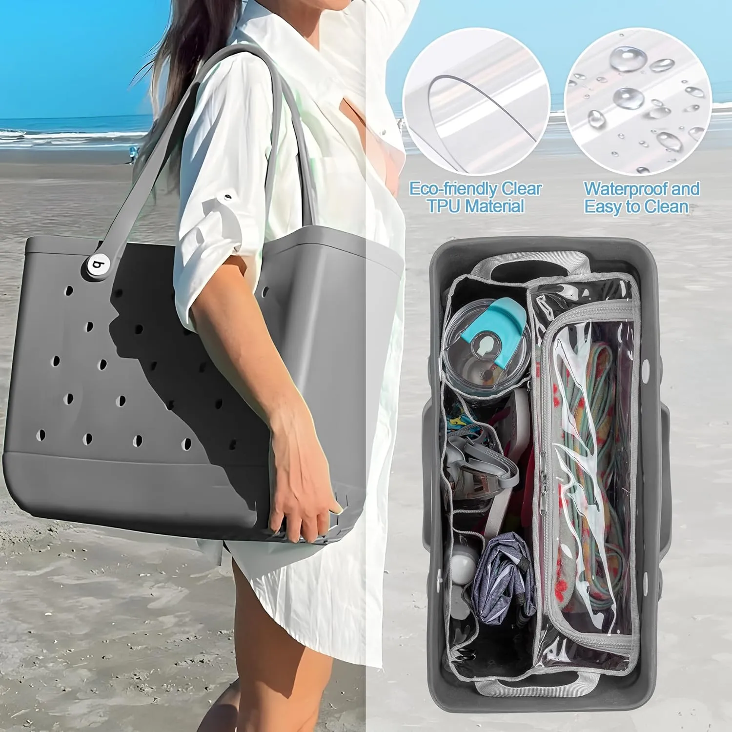 Clear Beach Bag Organizer Insert Compatible with BOGG BAG Original X Large, Zipper Organizer Liner Compatible with BOGG BAG Original X Large, Insert Divider Pouch with 2 Compartments, Gray