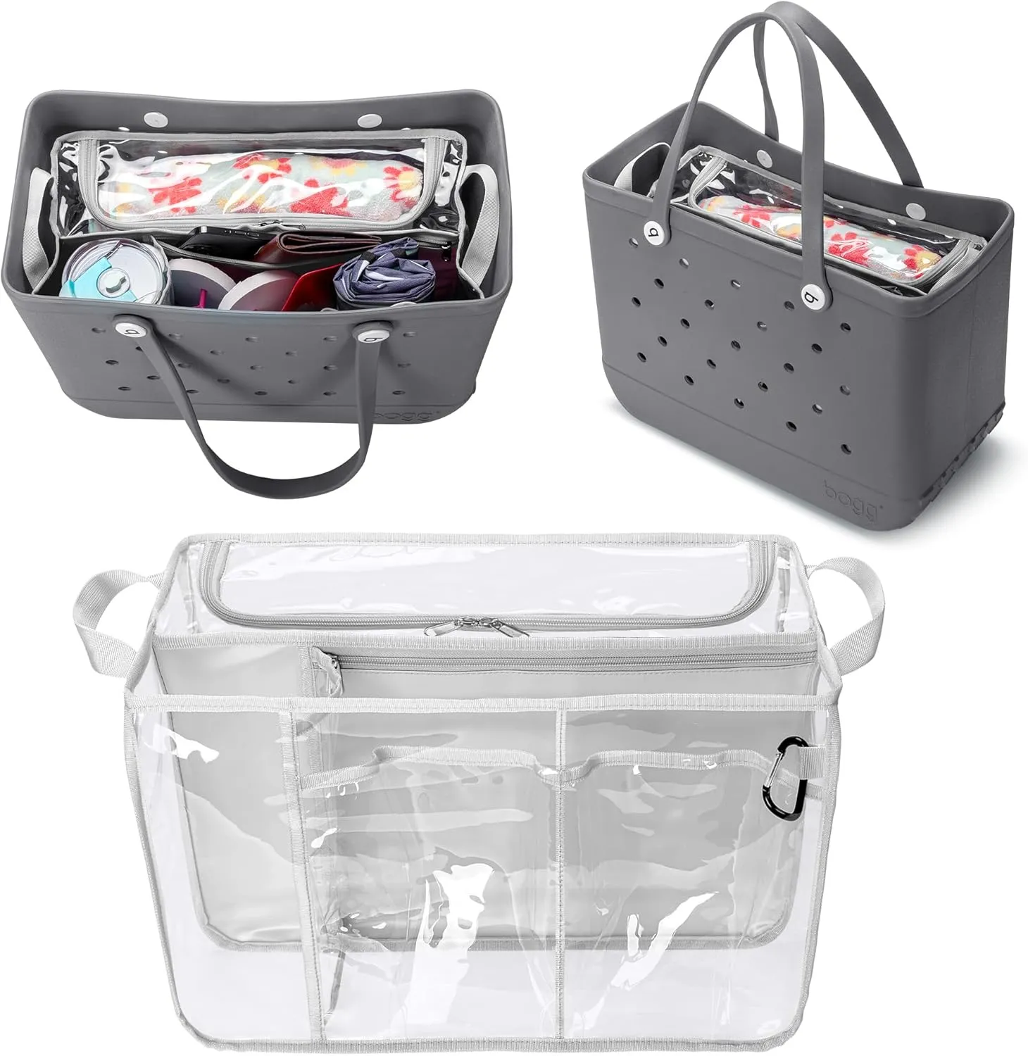 Clear Beach Bag Organizer Insert Compatible with BOGG BAG Original X Large, Zipper Organizer Liner Compatible with BOGG BAG Original X Large, Insert Divider Pouch with 2 Compartments, Gray